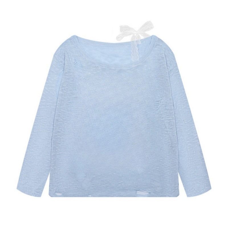 Playful Blue Lace Detail Loose Long Sleeve